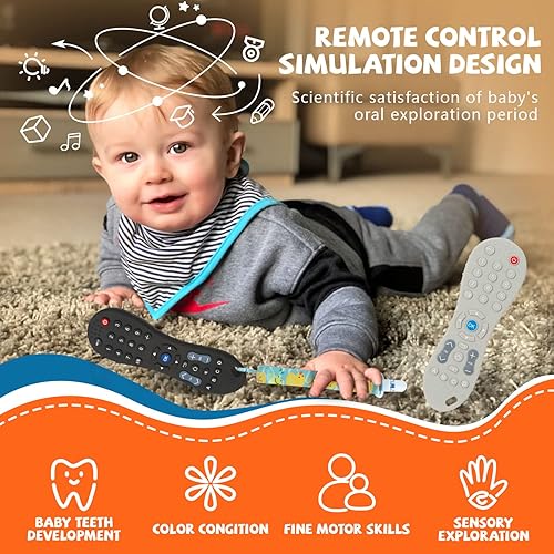 Miniatura 3 de Paquete de 2 juguetes de dentición para bebés de 0 a 6 a 12 meses con forma de control remoto de silicona con clip para chupete juguetes masticables
