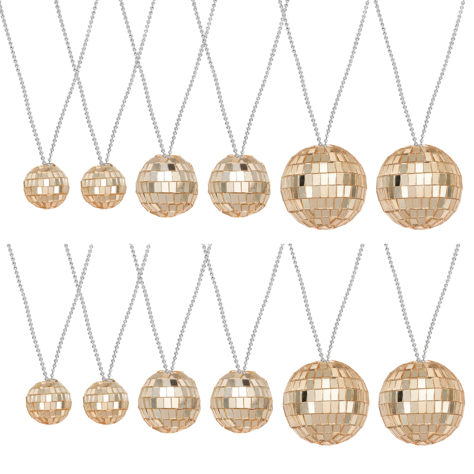 sourcing map Mirror Disco Ball Necklace, 1.2"/1.5"/2" 70s Disco Party Necklaces for Costume Game Dance Supplies Birthday Parties Festival Jewelry Accessories, (Rose Gold, Pack of 12)