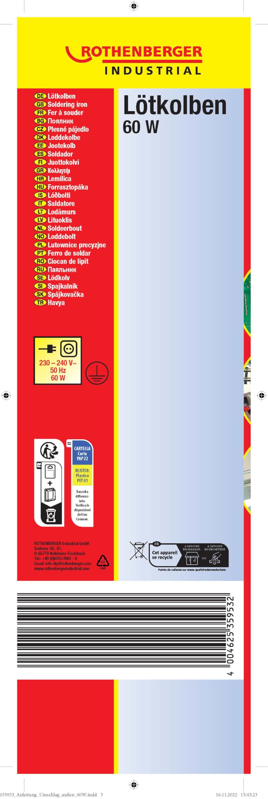 ROTHENBERGER Industrial Soldador profesional 60 W hasta 470° C., punta de soldadura extra roja/amarilla, 35953
