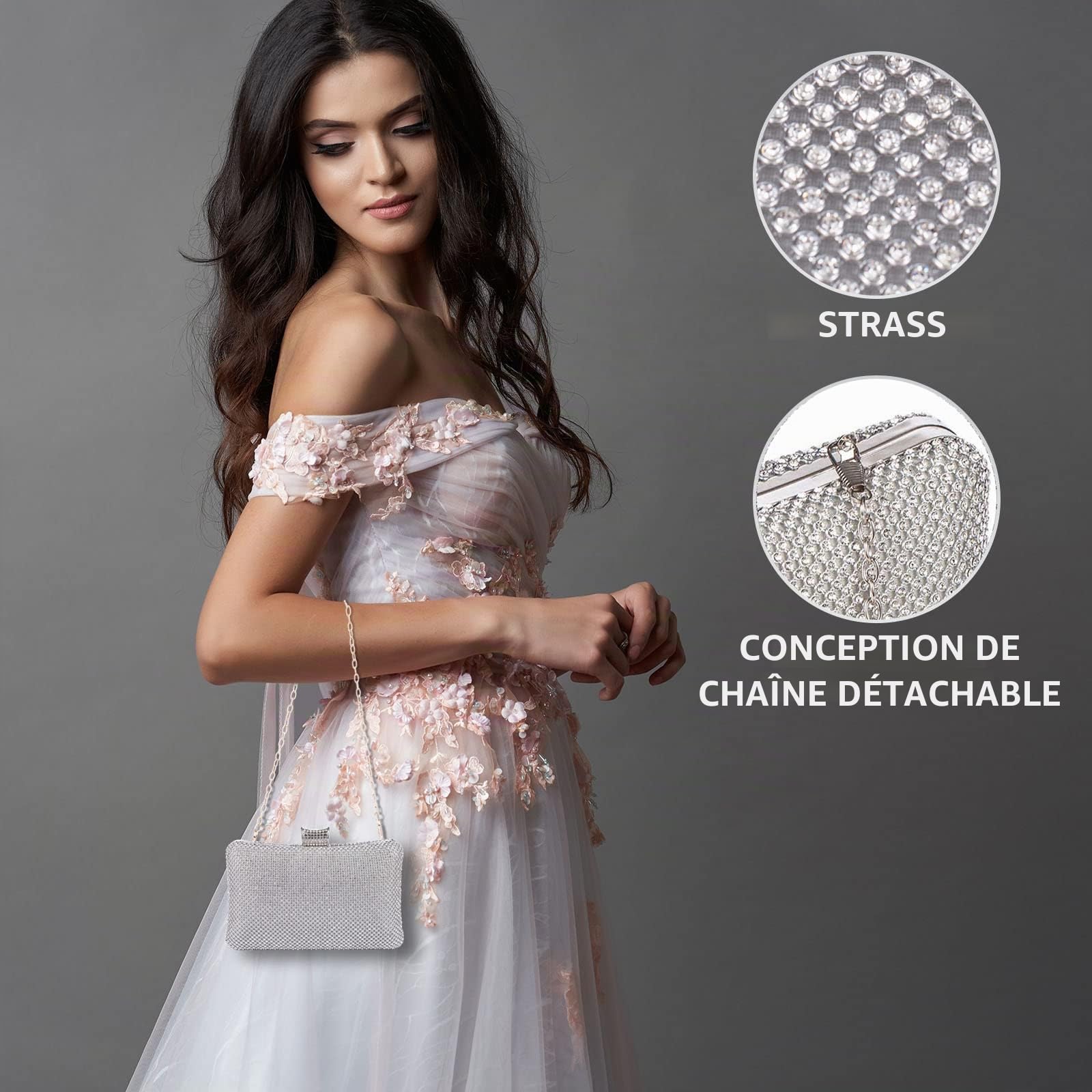 BAIGIO Pochettes et Clutches Femme en Strass, Sac Bandoulière avec Chaîne, Elegante Pochette Sac a Main Femme Ceremonie Mariage Cocktail