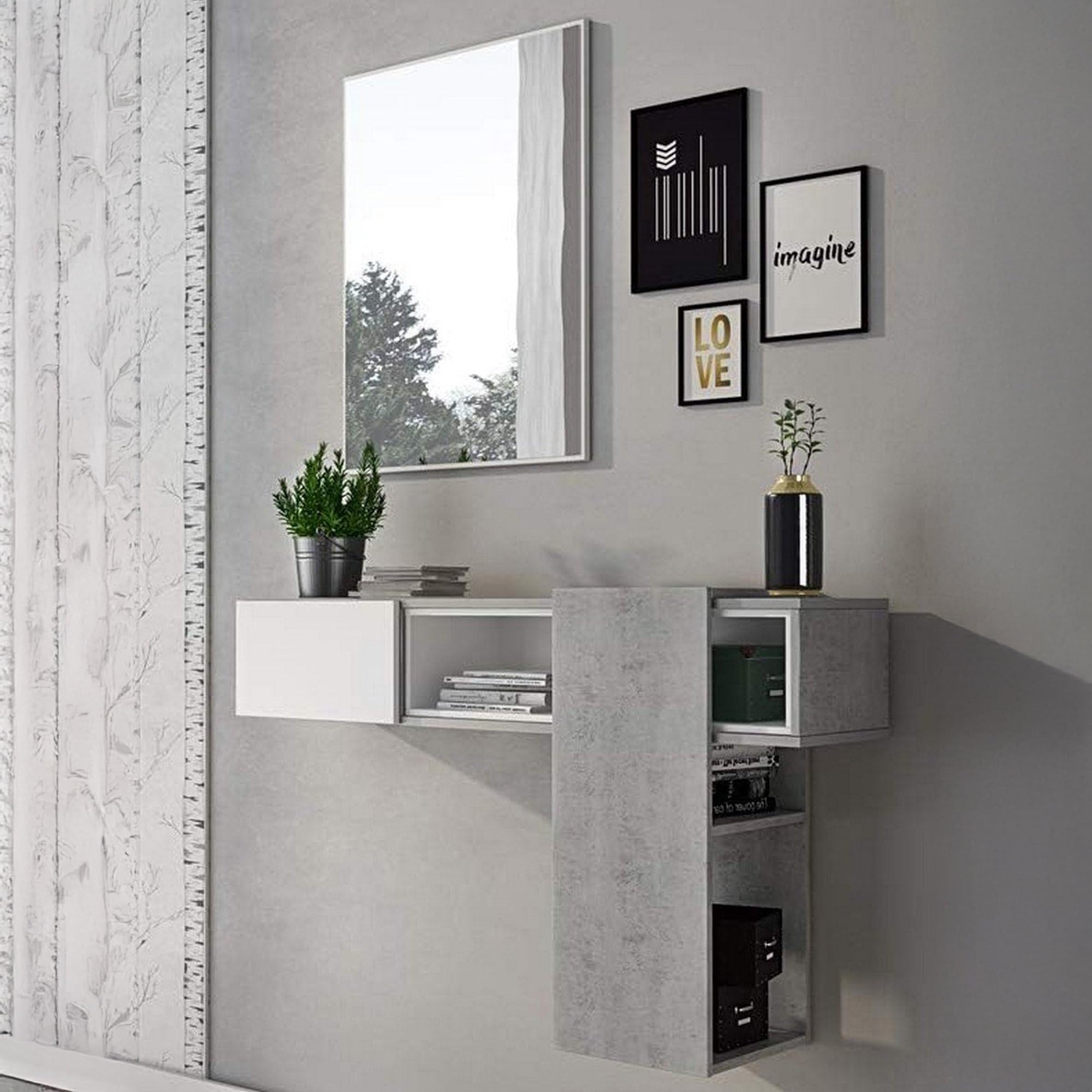 Dmora Mobile da Ingresso Baffin 31.2x100x75h cm Grigio Cemento Specchio Incluso un Ripiano, Appendiabiti