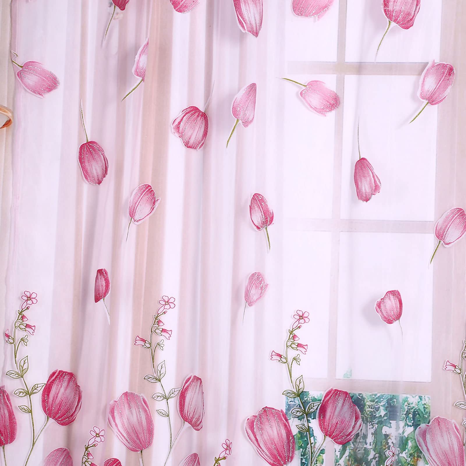 Tulip Print Tulle Curtain - 100x200cm Sheer Voile Window Drape In Violet