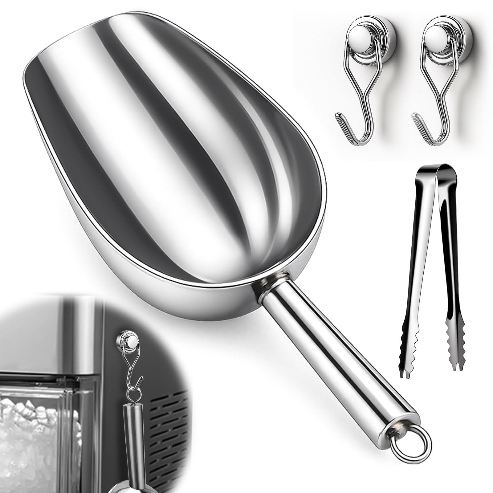 Juome 18oz Stainless Steel Ice Scoop for Freezer with Magnetic Holder