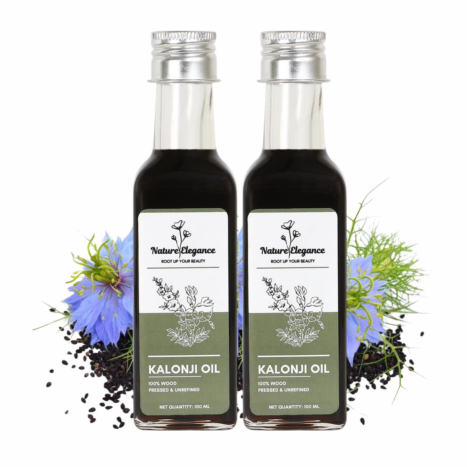 Nature Elegance Kalonji Oil | 100% Wood Pressed & Single Ingredient 200ml | Virgin Grade - Black Seed Oil | Nigella Sativa | Protects Hair & Scalp | Easy to Use (Pack of 2, 100ml Each)