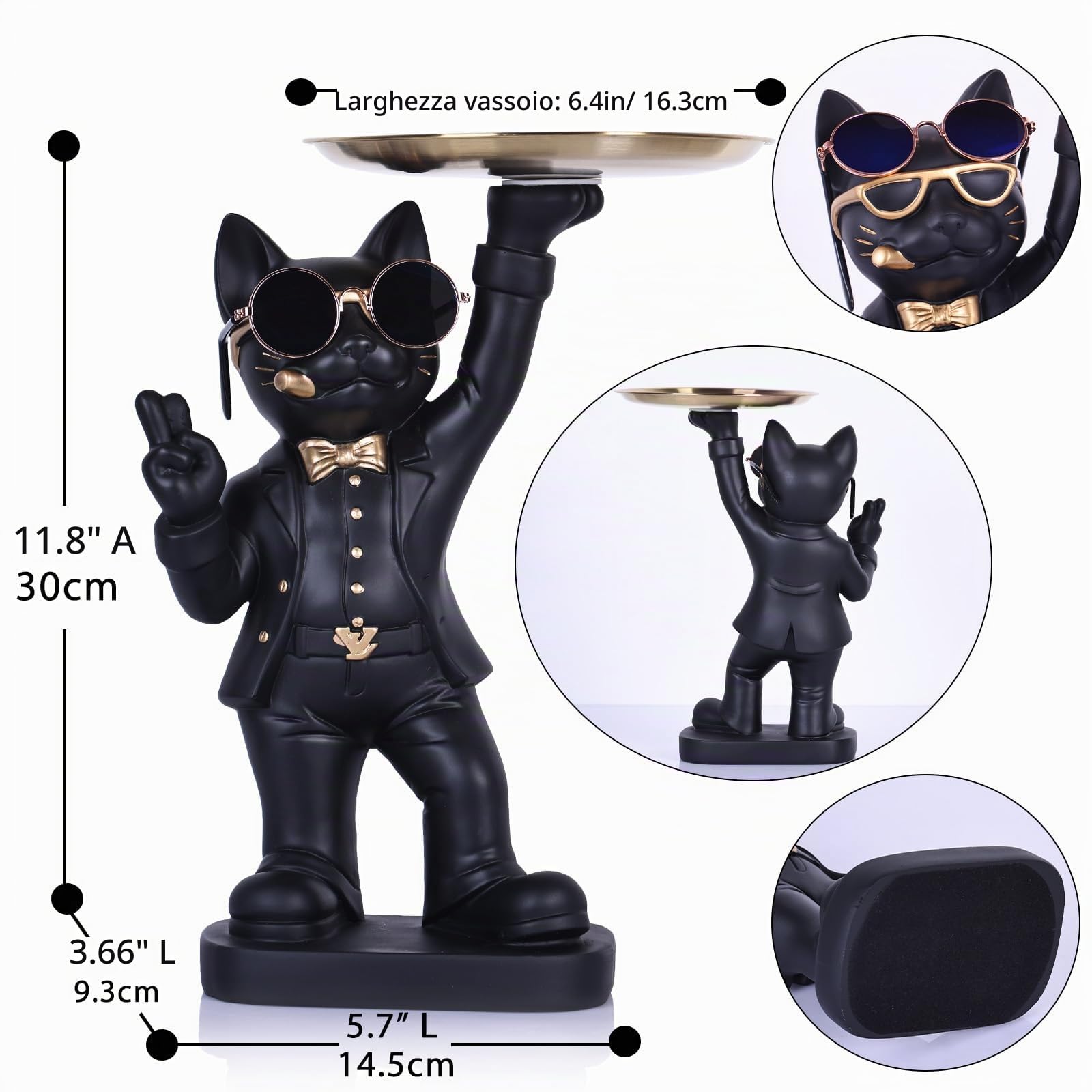 30 cm di altezza divertente scultura decorativa gatto nero con contenitore per caramelle - adorabile statua di gatto con vassoio portaoggetti per soggiorno, vassoio portachiavi per ingresso