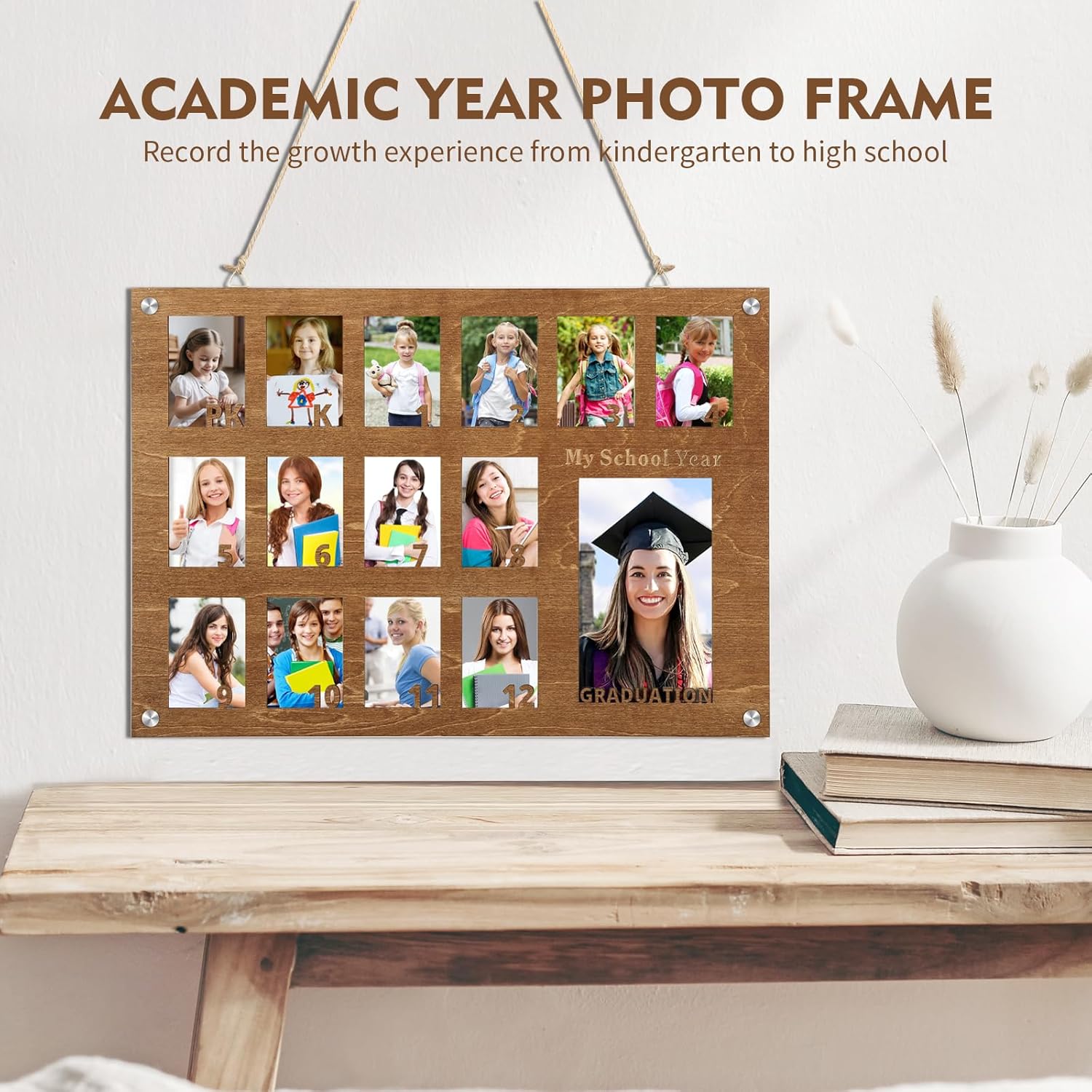 School Picture Frame Pre-K to 12,Pre K to Graduation School Picture Frame, Wooden School Years Photo Frame-Perfect Graduation Keepsake (primary color)