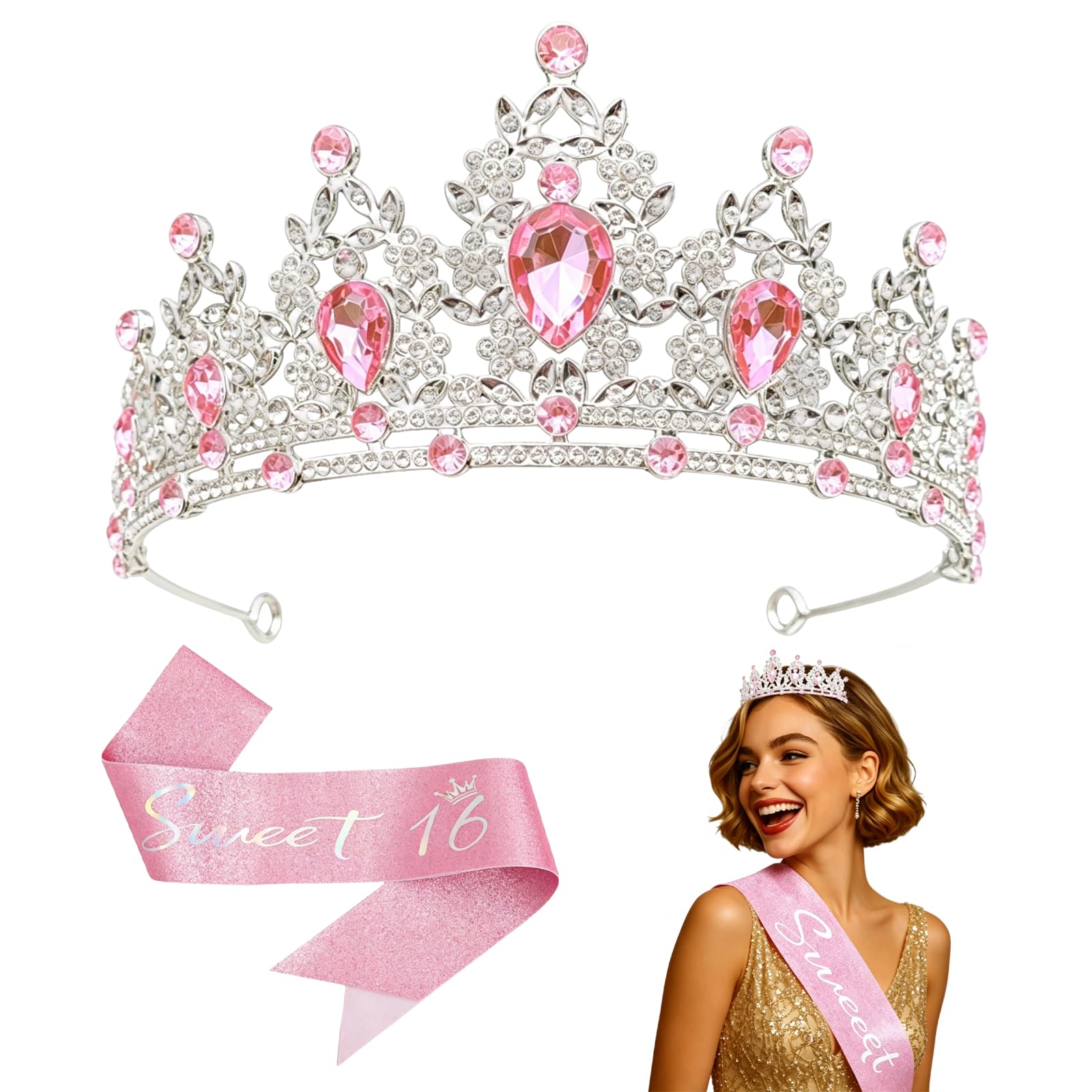 Sweet 16 Birthday Crown and Sash Set Silver Alloy Tiara with Pink Rhinestones Adjustable Satin Sash 63 x 3.7 Inch Princess Headpiece for Party Prom Photos Celebration Gift