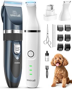 oneisall Dog Clippers and Paw Trimmer Grooming Kit | Low Noise, Powerful Motor, 3-in-1 Dog Trimmers+Nail Grinder, Long-Lasting Battery&Cordless, For Small Medium Large Dogs