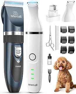 oneisall Dog Clippers and Paw Trimmer Grooming Kit | Low Noise, Powerful Motor, 3-in-1 Dog Trimmers+Nail Grinder, Long-Lasting Battery&Cordless, For Small Medium Large Dogs