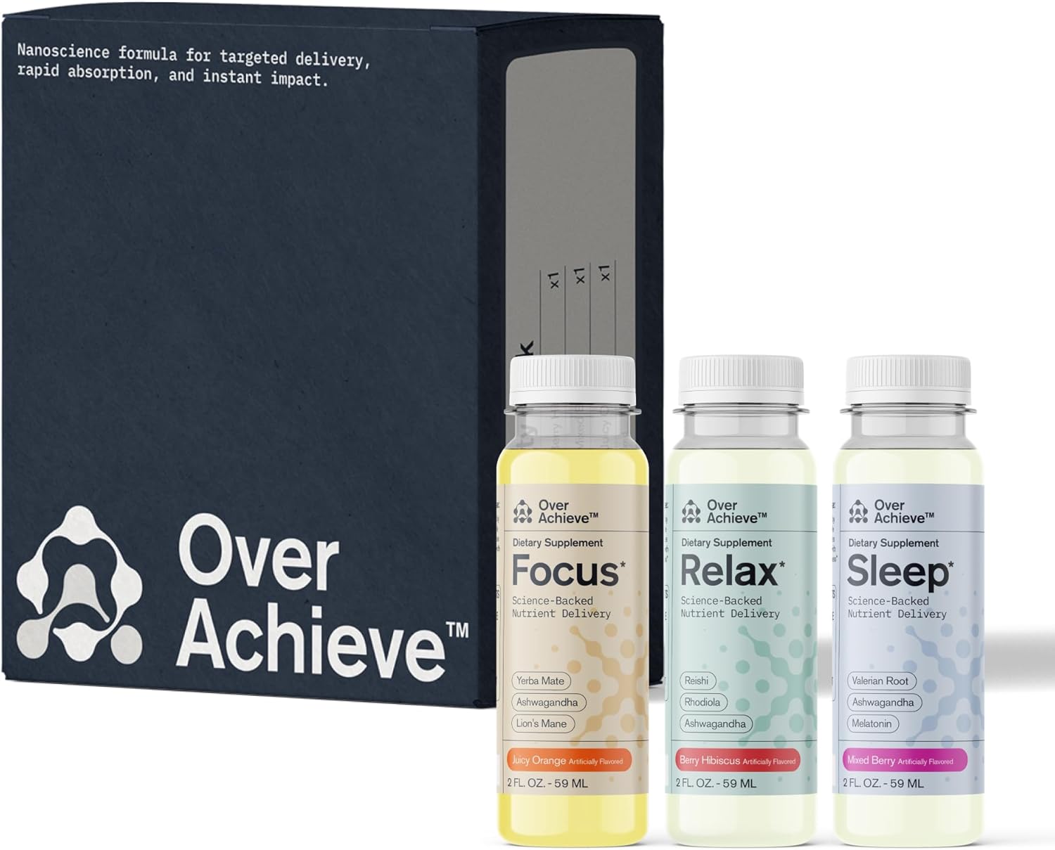 supplement variety pack with advanced nanoscience technology, 3 pack, stress calming relax drink, sleep aid drink, nootropic brain supplement focus drink, 2 oz shot