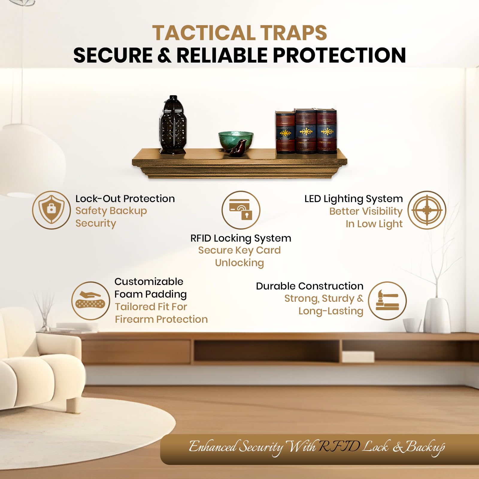 Tactical Traps Patriot 35S Compact Gun Shelf with Trap Door | Compact Firearm Storage with RFID Lock | Easy Installation | Secure & Safe Compartment | 22 ½ ” X 10 ¼” X 4” - Early American