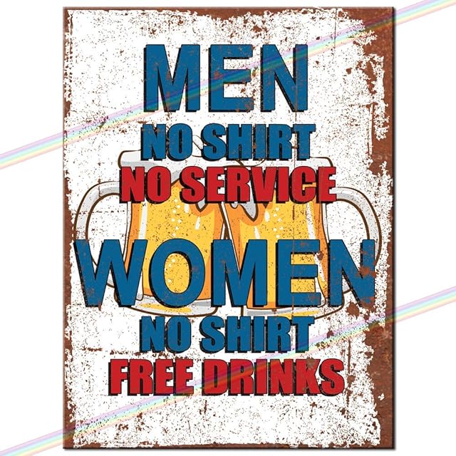 Metal Signs - Men NO Shirt Funny Logo. Man Cave Tin Metal Sign Hanging Wall Plaque Kitchen Shed Garage. Small (15cm x 10cm)