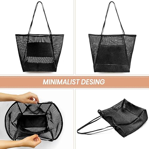Miniatura 6 de Bolsa de malla para la playa, bolso de hombro para mujer, bolso de mano casual, estilo hobo para mujer, plegable, máximo 23L para playa, picnic y