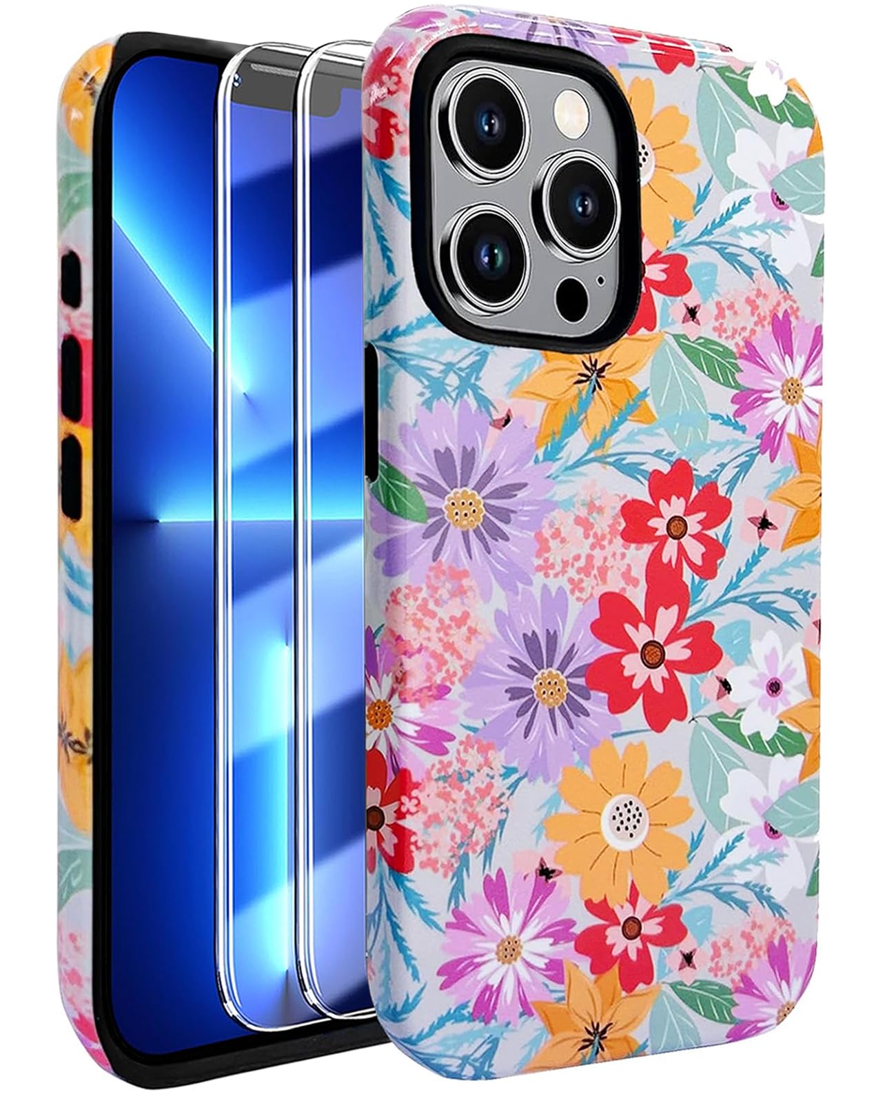 J.west Compatible with iPhone 13 Pro Case 6.1 inch with 2 Pack Tempered Glass Screen Protectors Cute Floral Flowers Hybrid Cover for Girls Women