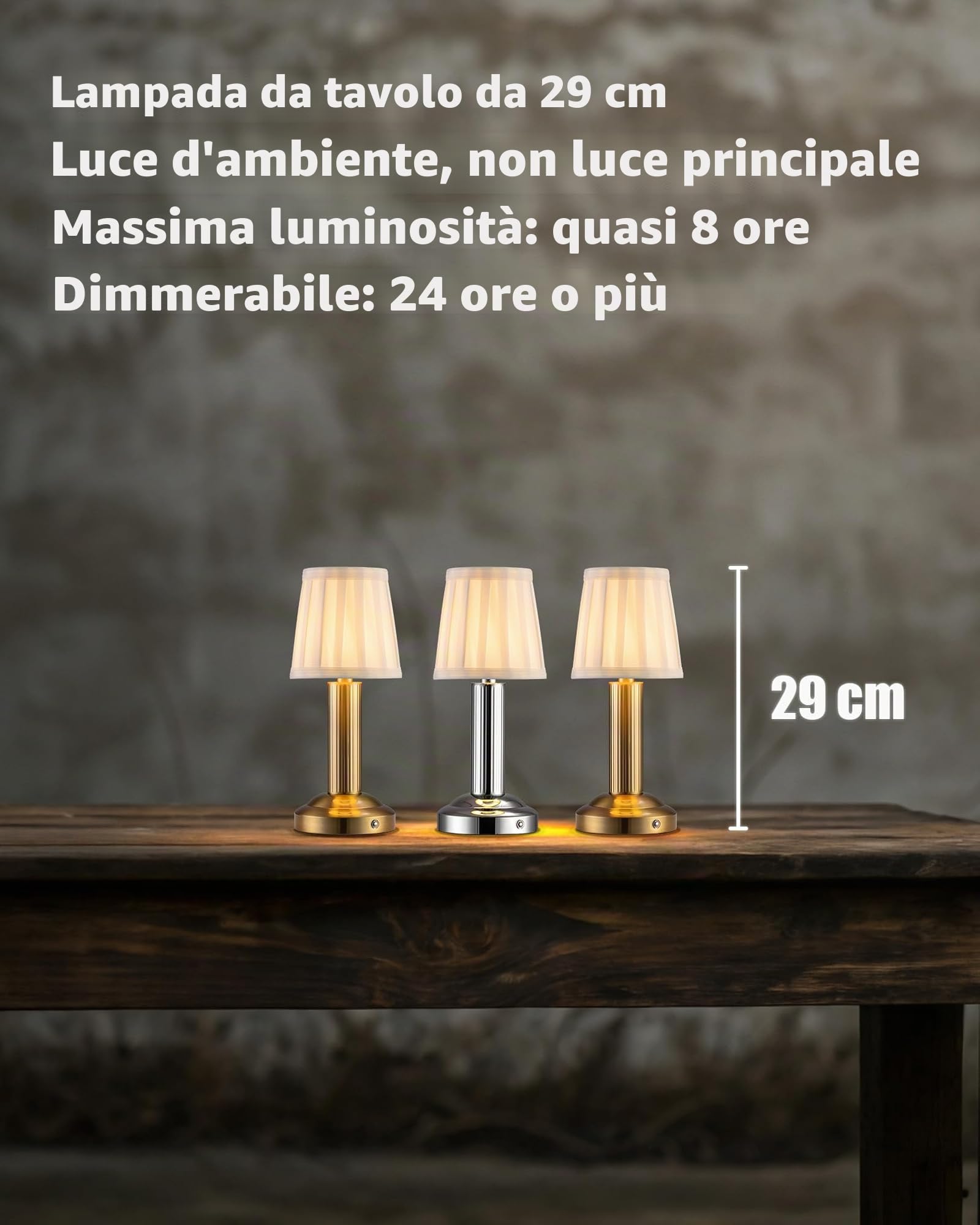 2 lampade da tavolo a LED senza fili, con batteria da 4000 mAh, dimmerabili, vintage, con paralume in tessuto, lampada touch per camera da letto, bar, ristorante (oro).