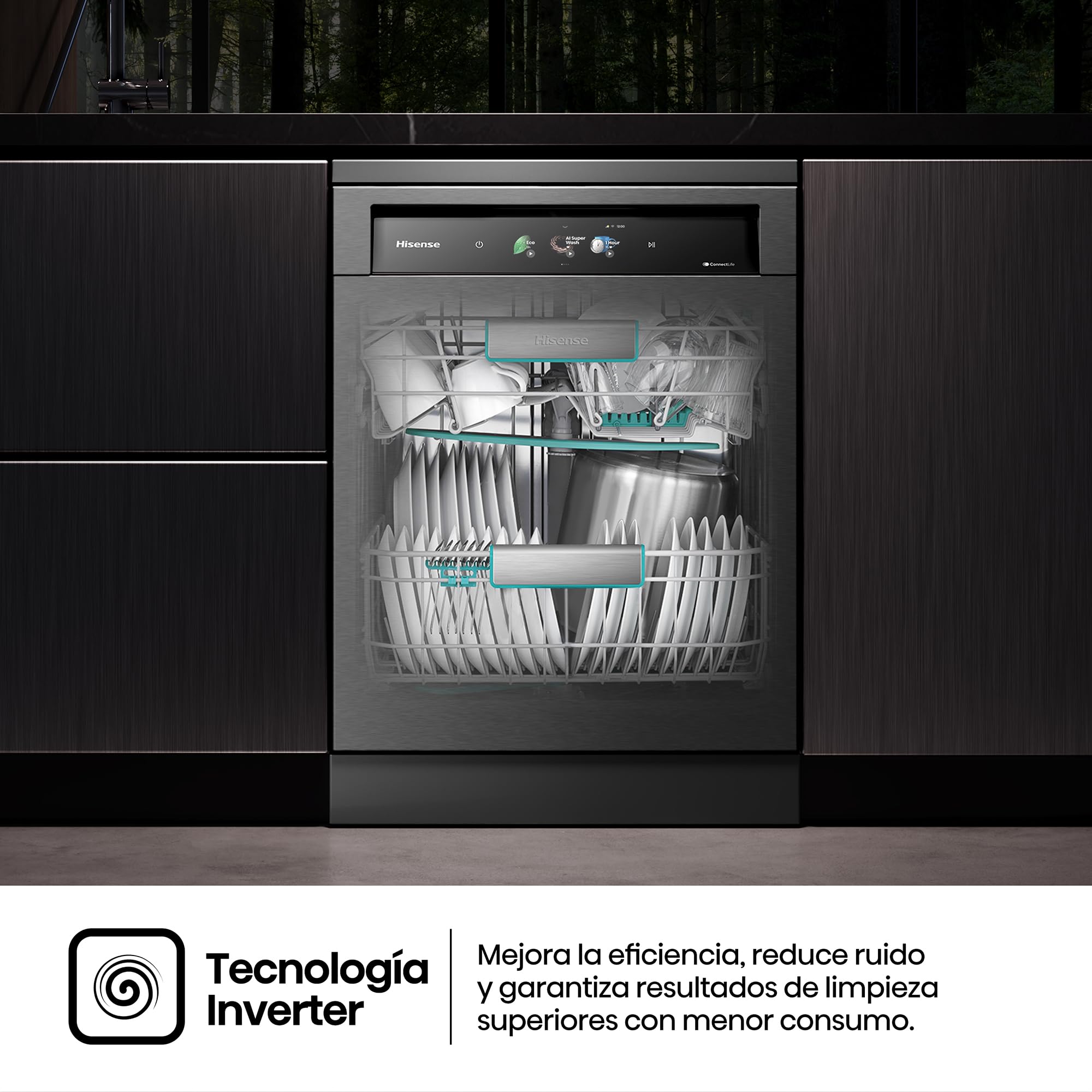 Hisense HS693A90ADBX - Lavavajillas Clase A, 16 Servicios, Fondo 60cm, Pantalla TFT Vision Plus 6.86", Super Wash IA, Programa ECO IA, Secado All Dry, Media Carga Auto, Tercera Bandeja, Inox