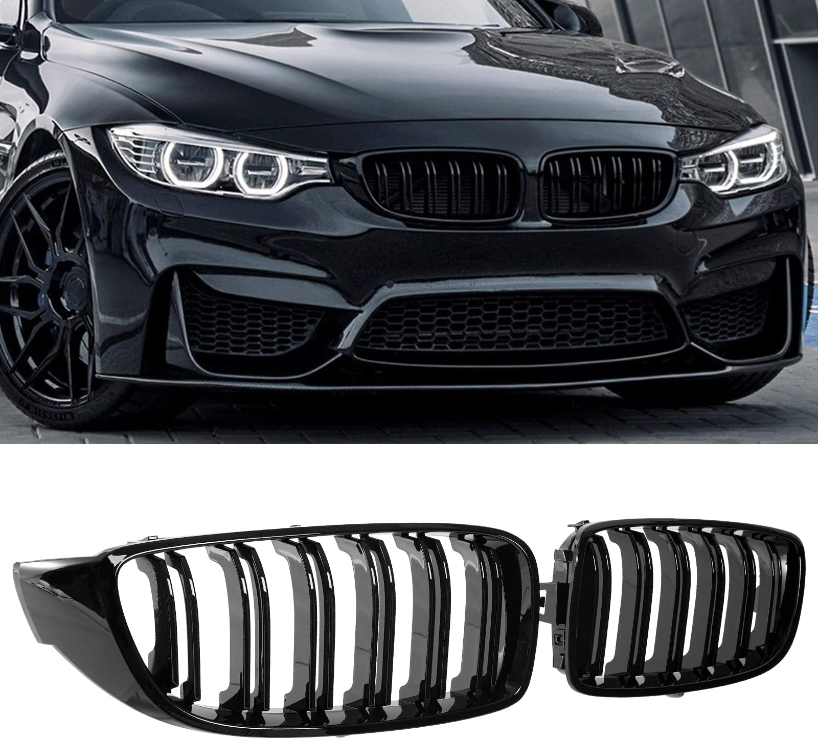 F32 Grille,Front Kidney Grille Grill Compatible for 4 Series F32 F33 F36 (2014-2019) M3 F80 M4 F82 (2015-2019) (Double Slats Gloss Black Grills, 2pcs)