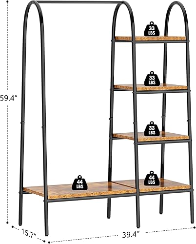Miniatura 7 de soges Perchero de metal para ropa con estantes de almacenamiento de madera de 4 niveles, barras colgantes para colgar ropa, organizador de armario
