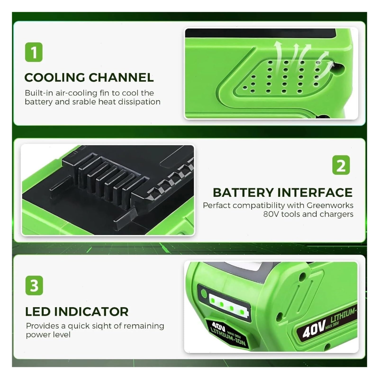 Batería de Repuesto de 8,0 Ah Compatible con Herramientas Greenworks G-MAX de 40 V (29472, 29462, 29252 y 20202) (batería de Iones de Litio de 40 V)