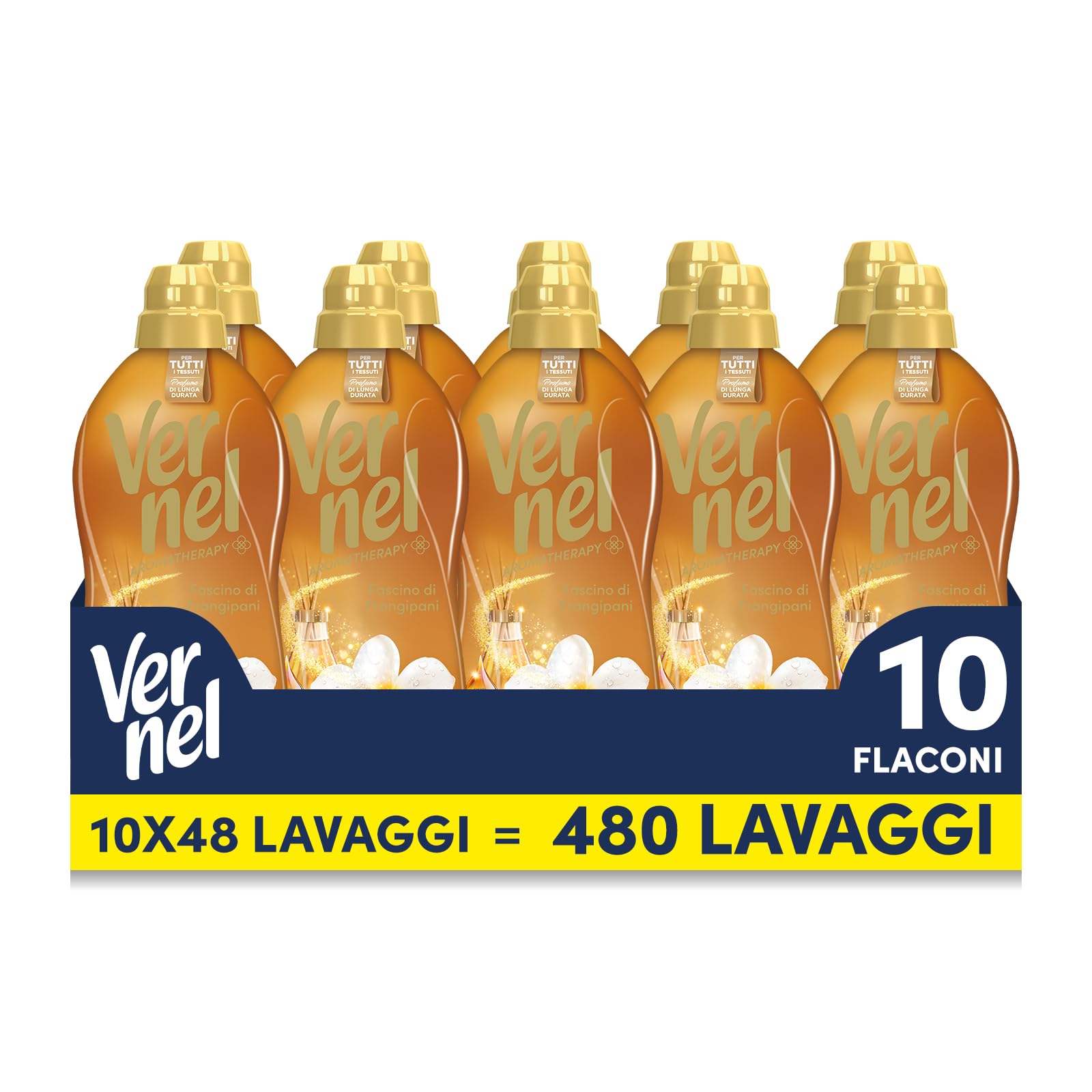 Ammorbidente Concentrato Vernel Aromatherapy Fascino di Frangipani (10 x 48 lavaggi), Ammorbidente Concentrato per Tutti i Tessuti, Profumo di Lunga Durata con Oli Essenziali