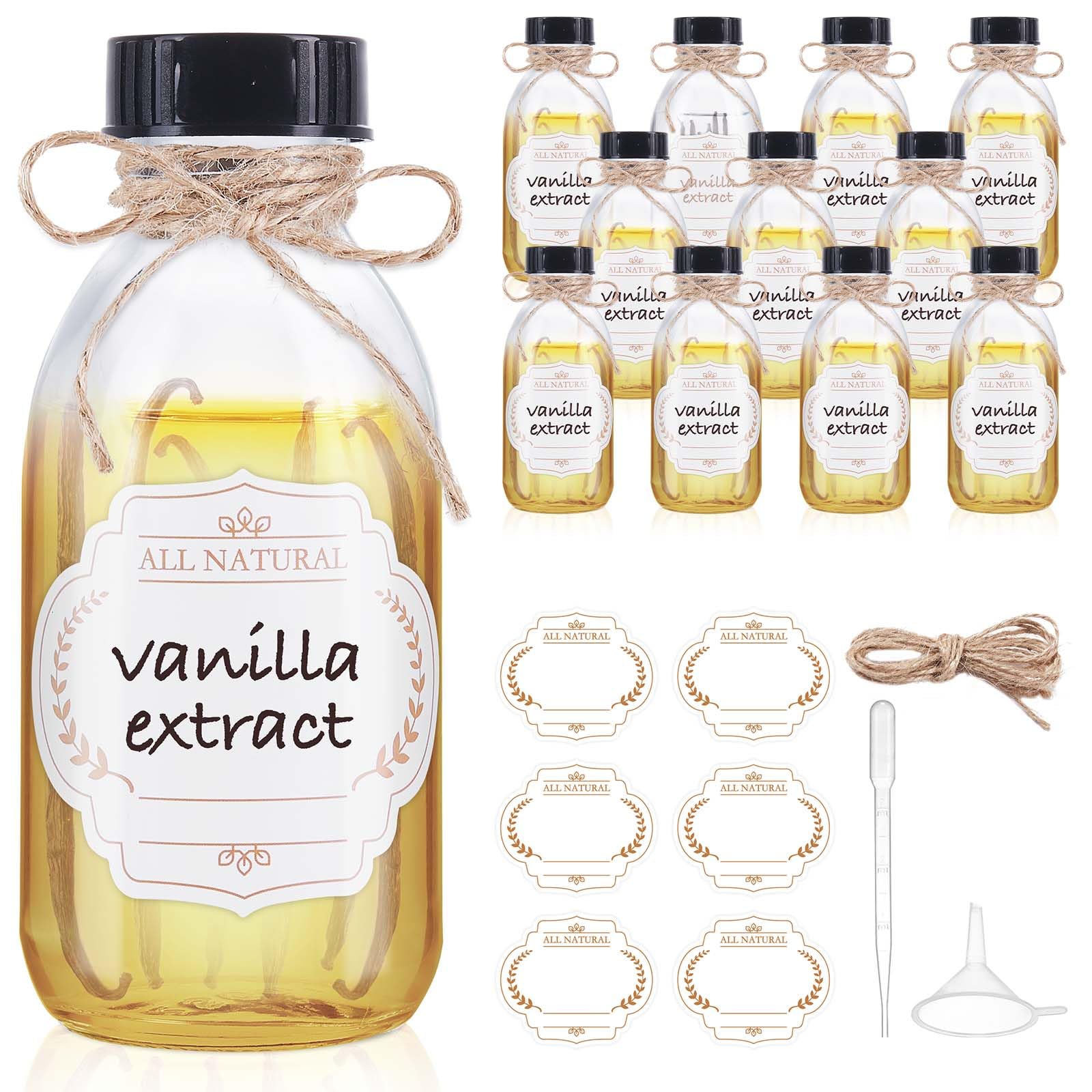Botellas de vidrio pequeñas de 4 onzas con tapas, paquete de 12 botellas de muestra Boston para líquidos caseros, chupito de jengibre, jugo, poción, aceites esenciales, extracto de vainilla, jarabe,