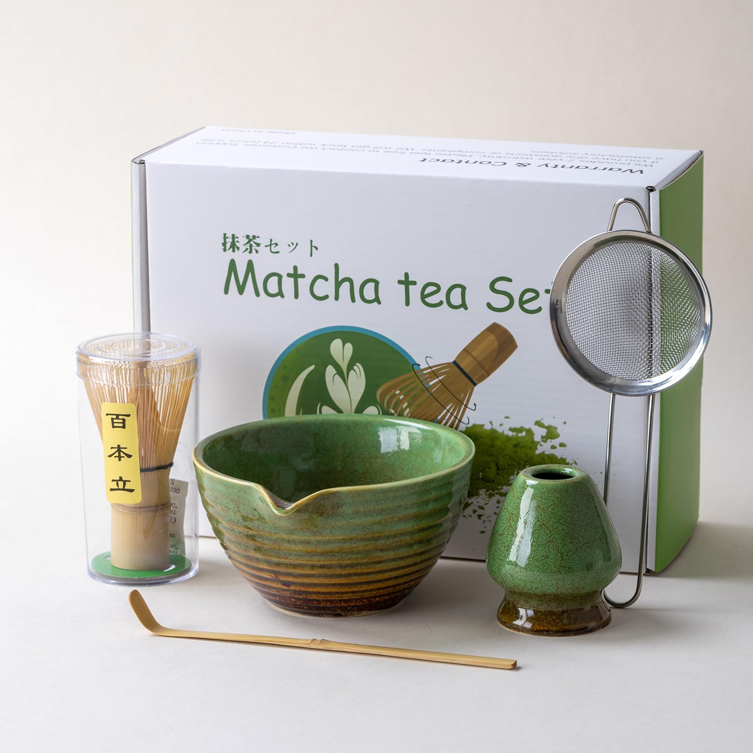 Service traditionnel de cérémonie du thé matcha avec bol en céramique, fouet en bambou, support et passoire, 5 pièces (vert)