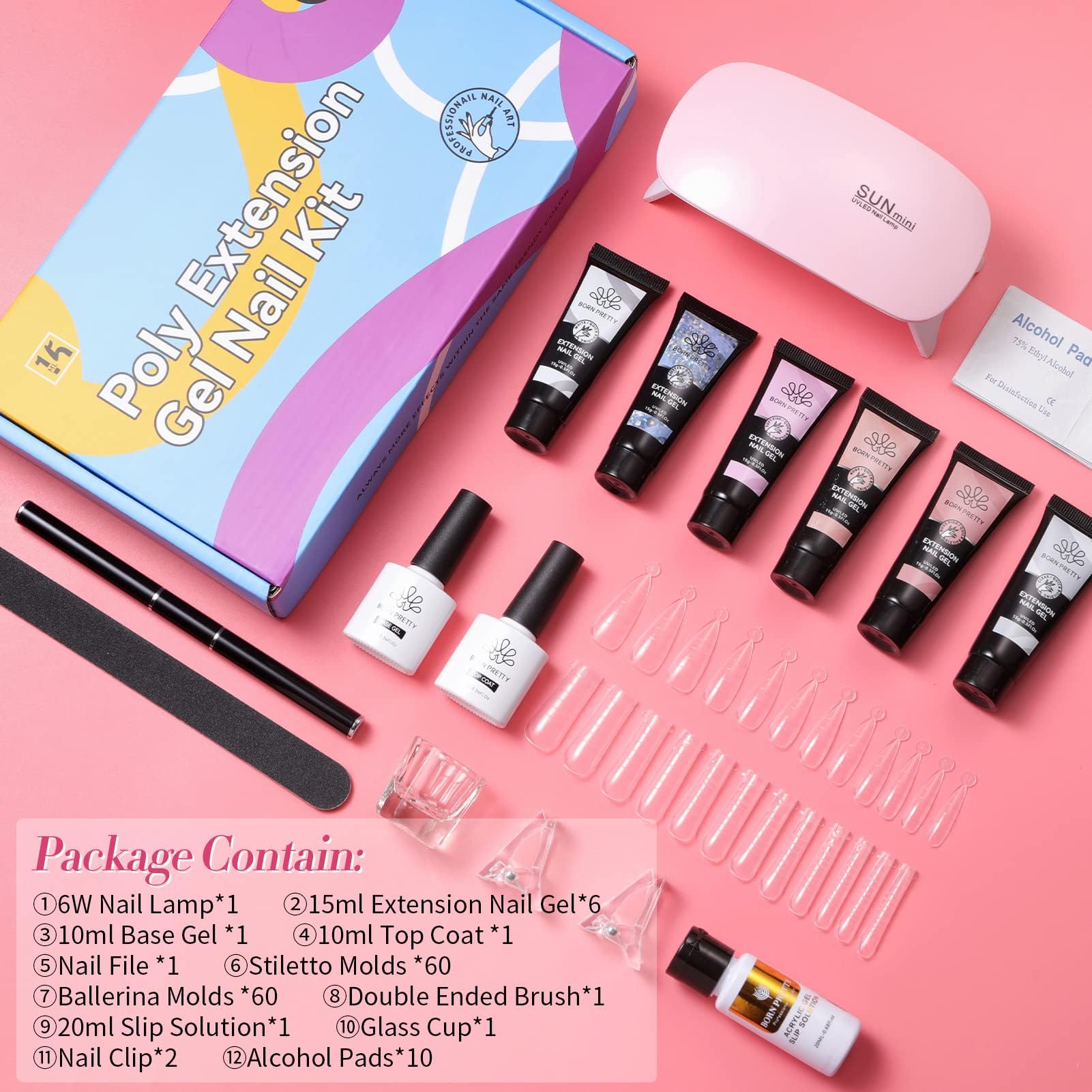 BORN PRETTY Polygel Starter Set mit UV Lampe 6 Farben Transparent Weiß Nude Rose Glitzer Polygel Nägel und Slip Solution Nagelset Gelnägel Starterset Base Top Coat Acrylnägel Nagelverlängerung Kit