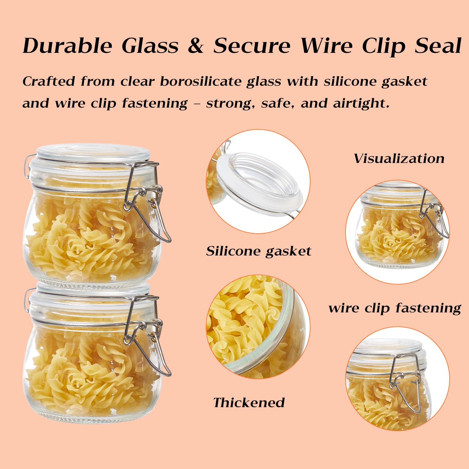 Glasdosen mit luftdichtem Deckel, Frischhaltedosen mit Drahtclip, Fettung, Glaskanister für Küche, Mehl, Müsli, Zucker, Bohnen, 2 Stück