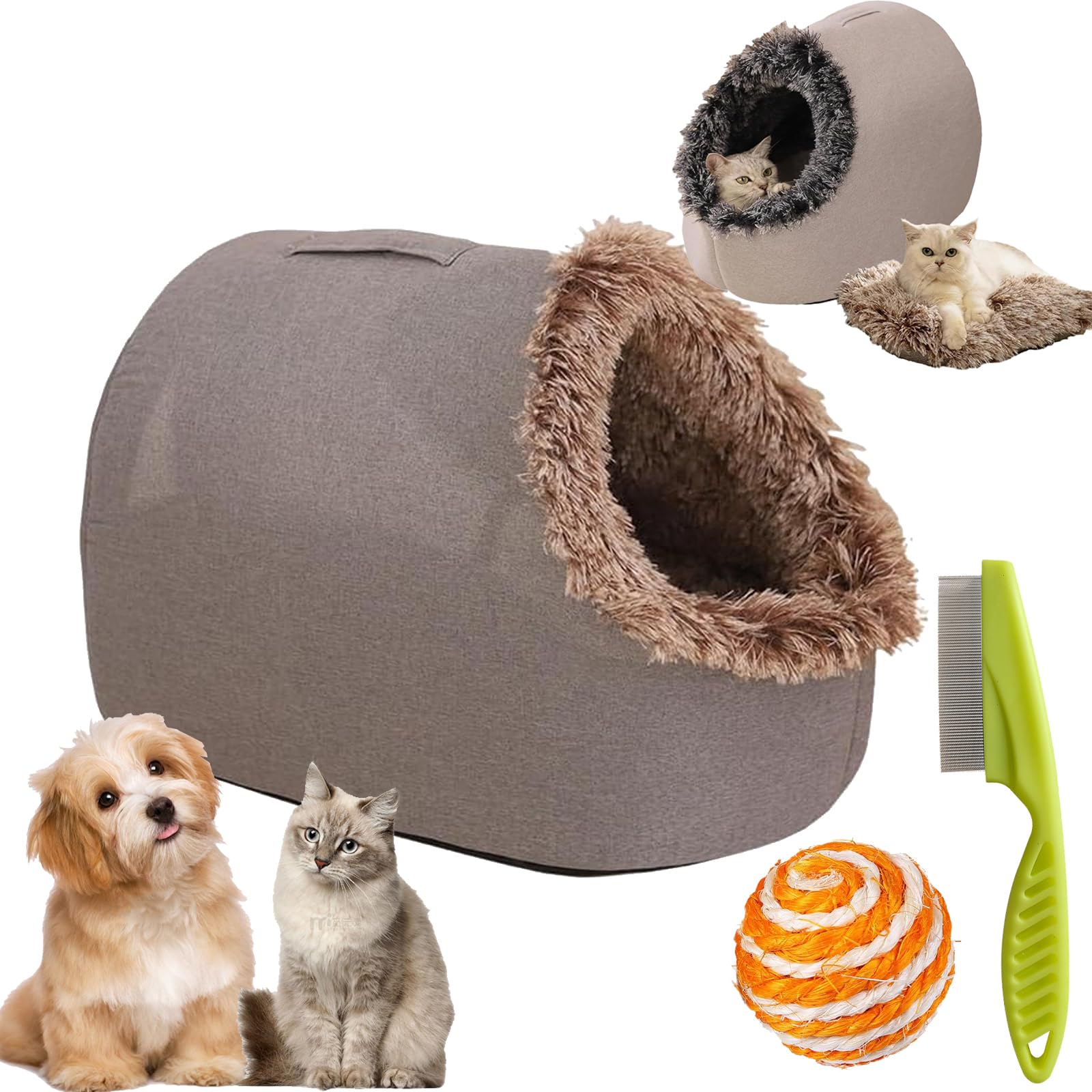 Winter Warmes Haustierhöhlenbett, Weiches Katzenbett, rutschfeste Basis, Wärmeschutz im Winter Katzenbett, Plüsch Katzenkissen für Katzen Kleine Hunde (Kaffee, L-0–10kg)