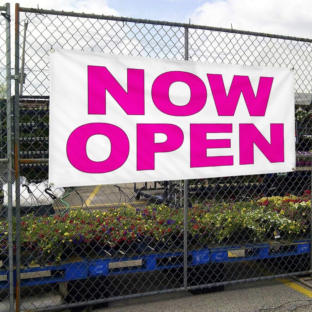Vinyl Banner Multiple Sizes Now Open Pink Business Outdoor Weatherproof Industrial Yard Signs 4 Grommets 16x40Inches