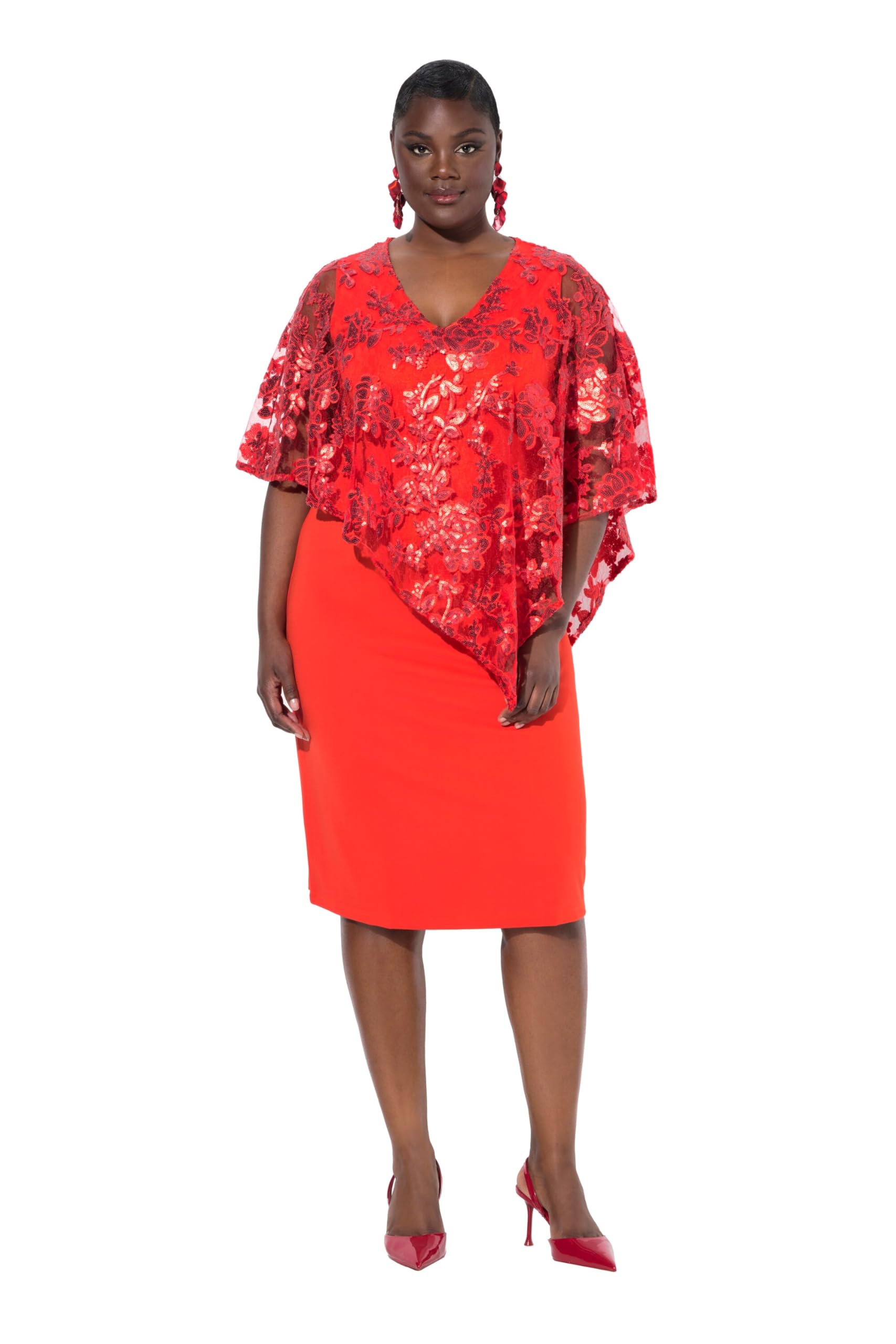 Ulla Popken Damen große Größen Übergrößen Plus Size Kleid, Überwurf, Pailletten, V-Ausschnitt, 3/4-Arm 825052