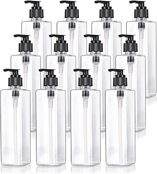 8 oz / 250 ml Clear Plastic PET Square Bottle (BPA Free) with Black Lotion Pump (12 Pack)