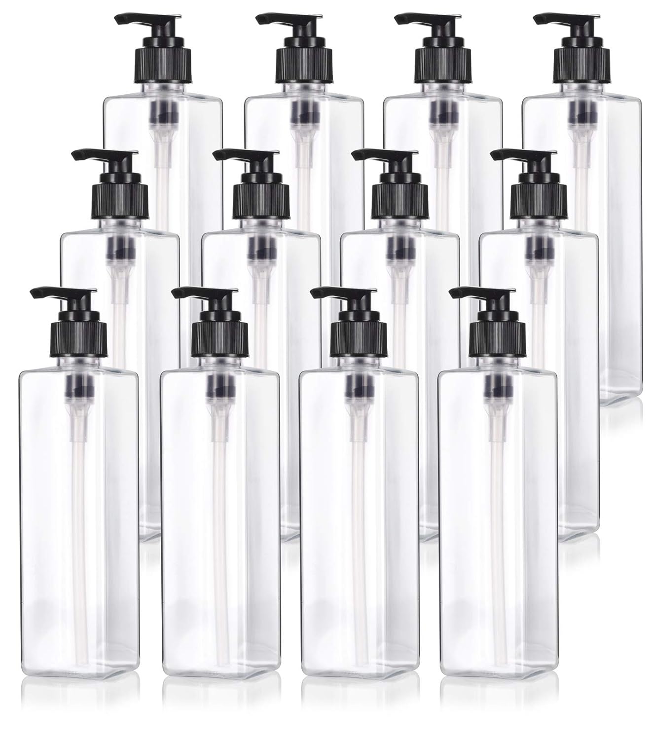 Clear 8 oz / 250 ml Square PET Plastic Bottles (BPA Free) with Black