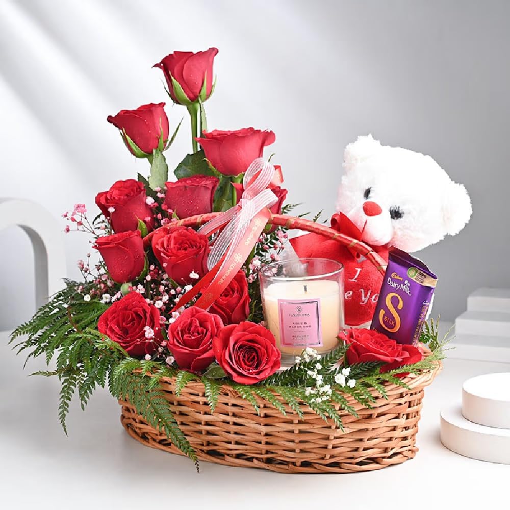 FlowerAura Lovely Fresh Live 12 Red Roses Flowers With Chocolate & Candle In Basket For Valentine's Day Gift, Birthday Gift, Anniversary Gift, Women's Day Gift & Mother's Day Gift (Same Day Delivery)