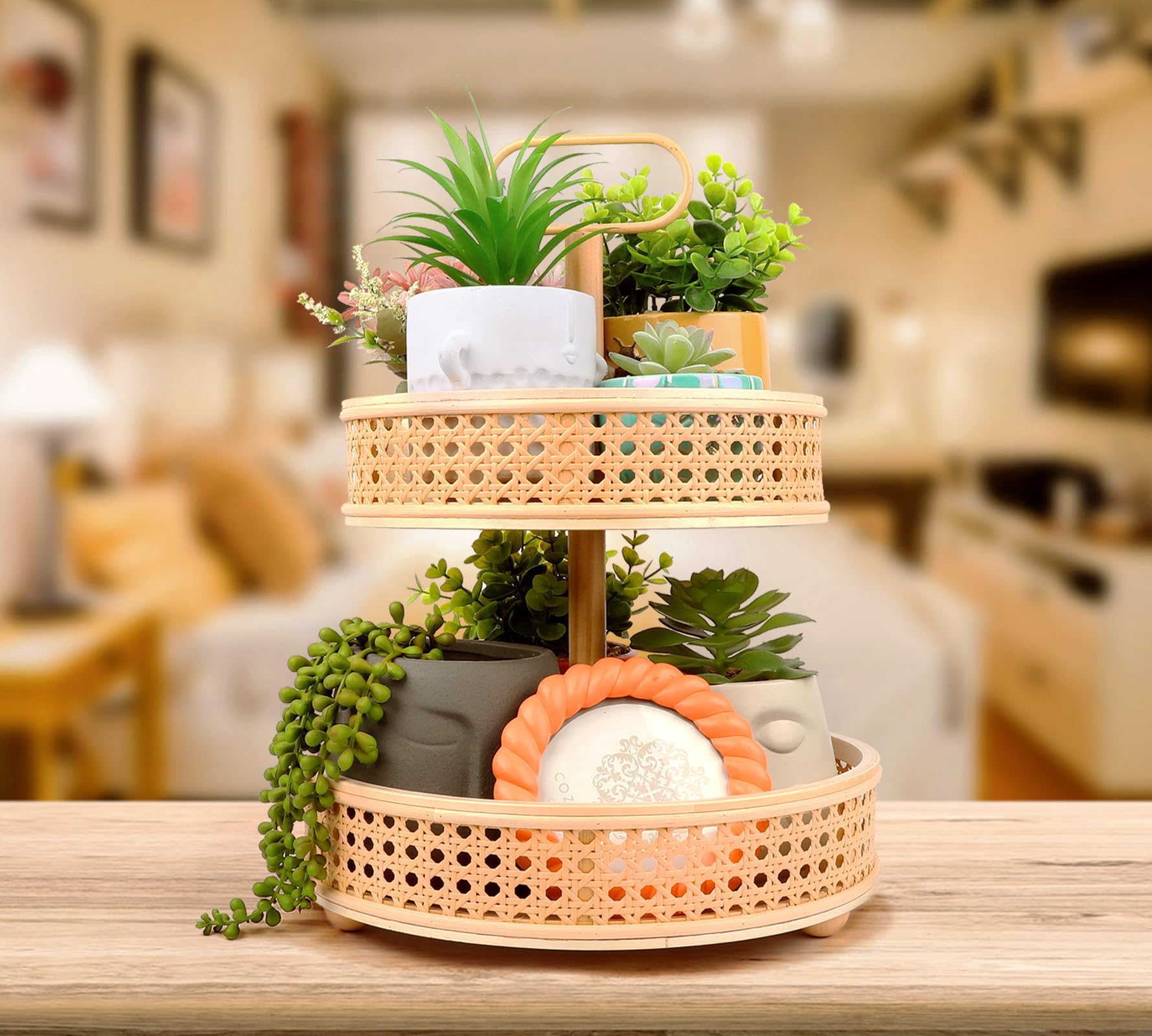 2 Tiered Tray Stand, Rattan Round Serving Tray for Party, Farmhouse Wooden Tray & Table Centerpieces, Fruit Basket for Kitchen Counter, Cupcake Stand Decorative Trays with Handle for Boho Home Decor