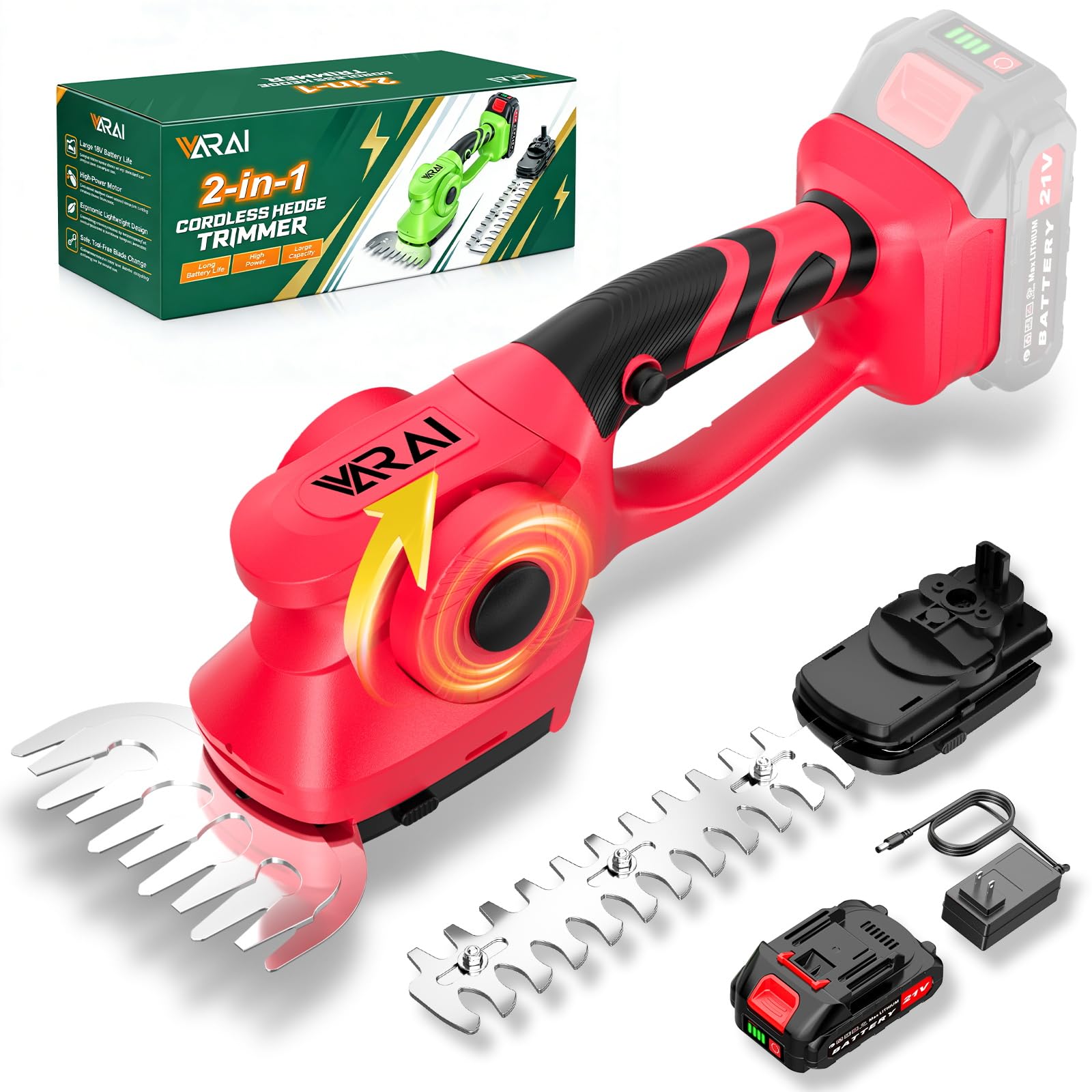 2-in-1 600W 21V Cordless Hedge Trimmer, Red