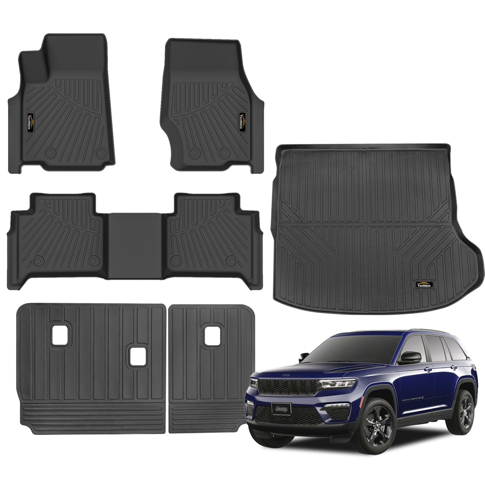 Floor Mats & Cargo Liner Custom for Jeep Grand Cherokee 2022-2024 2025 (Include 4xe NOT for WK or L) 5 Seat Only All Weather TPE Rubber Trunk Mat Automotive Full Set for Grand Cherokee Accessories