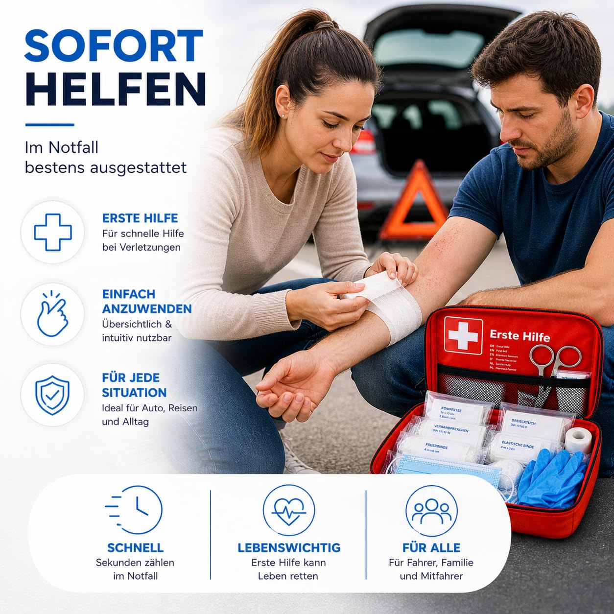 3 en 1 - Trousse de premiers secours & gilet de sécurité & triangle de signalisation - Certifié & norme actuelle - Ensemble d'accessoires pour voiture 2026 - Kit de premiers secours pour