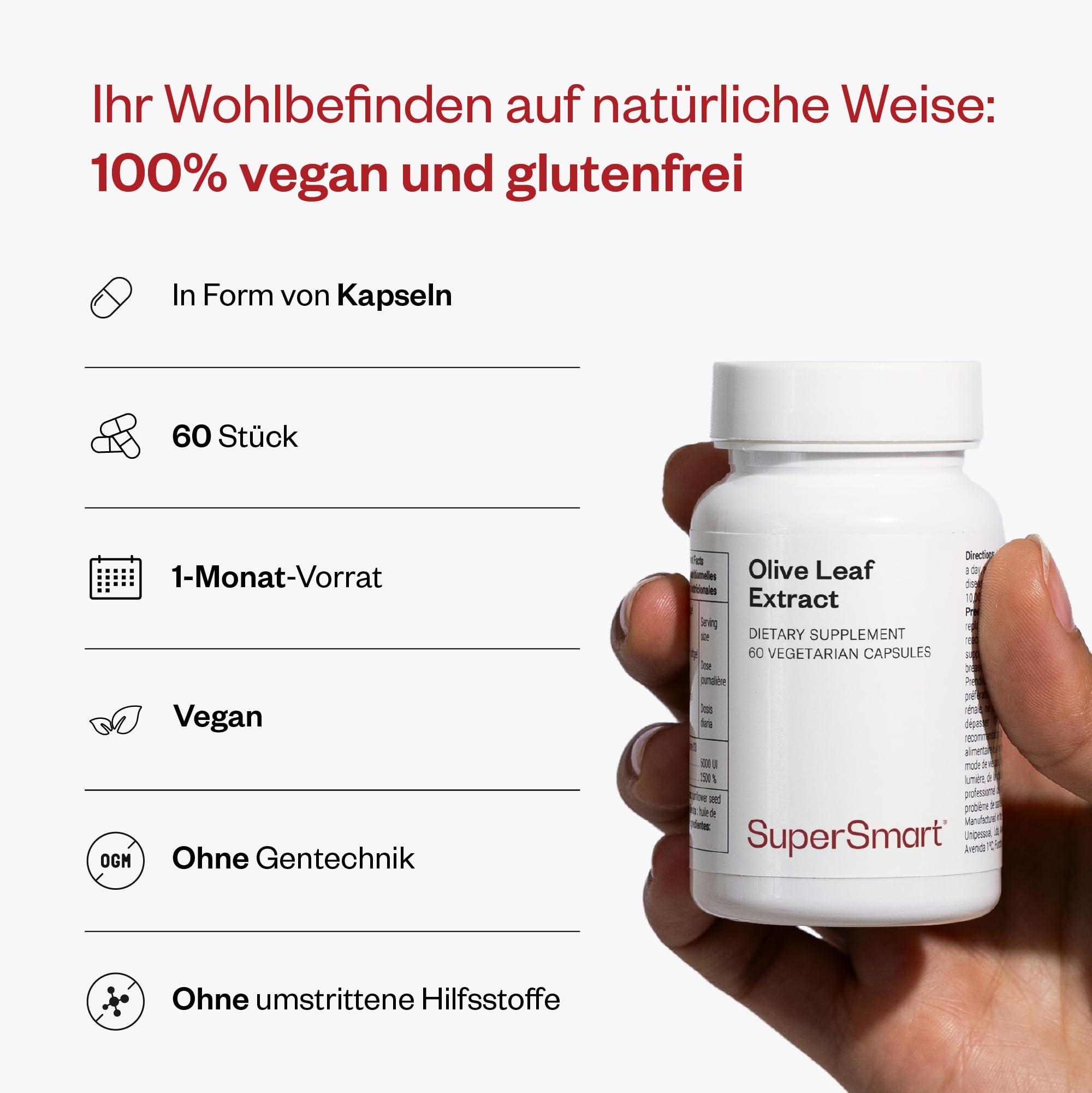Supersmart - Olive Leaf Extract - Standardisiert auf 32% Oleuropein - Fördert ein gesundes Herz-Kreislauf-System - stärkt das Immunsystem | Nicht GVO - 60 vegetarische Kapseln
