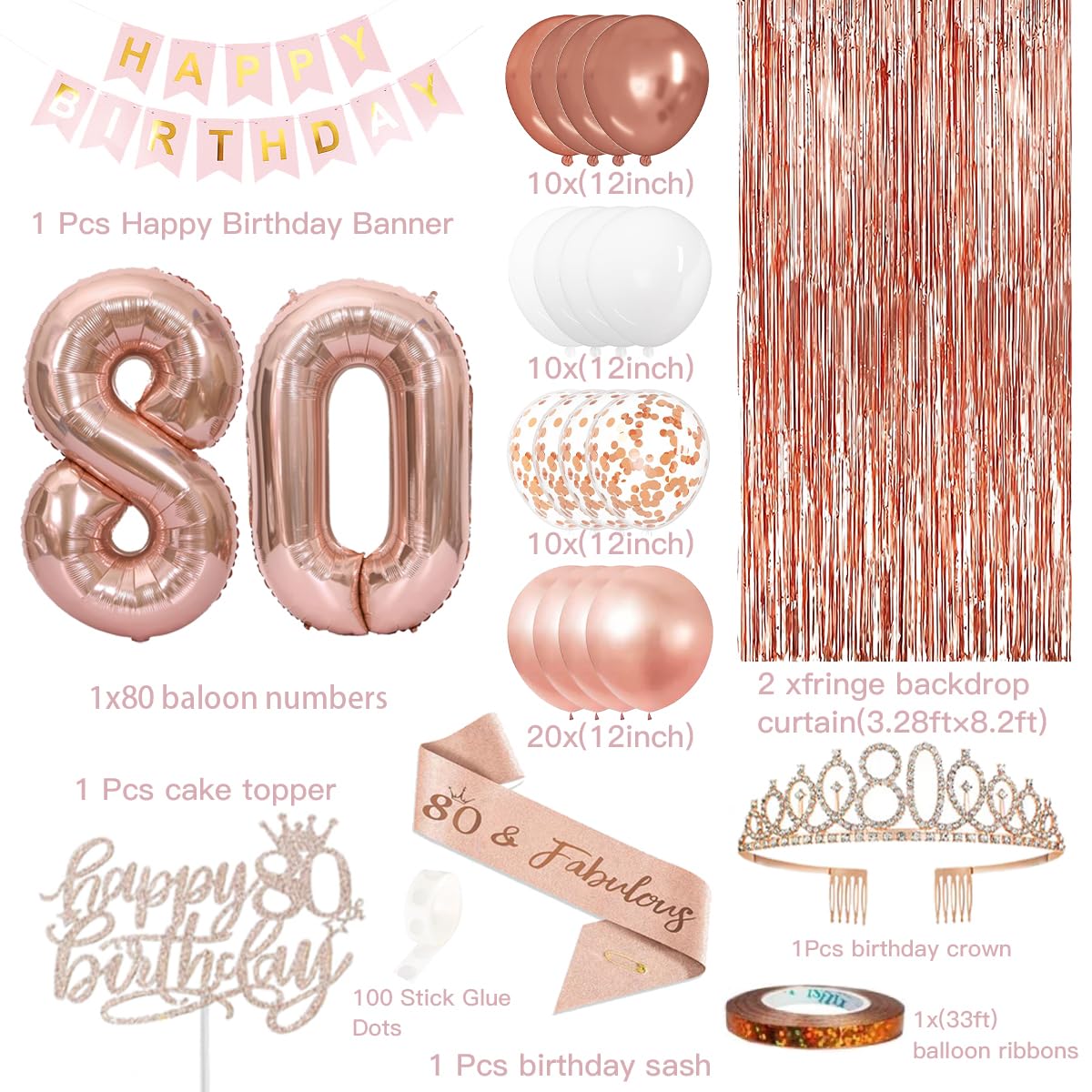 80th Birthday Decorations for Women, Happy 80th Birthday Banner Cake Topper Balloons Sash and Crown, Rose Gold 80 Birthday Party Decorations for Girls