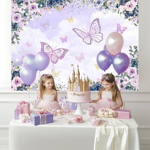 Miniatura 9 de Mocsicka Telón de fondo de mariposa violeta con diseño floral para niña, decoración de fiesta de mariposa, boda, cumpleaños, mariposa, baby shower,