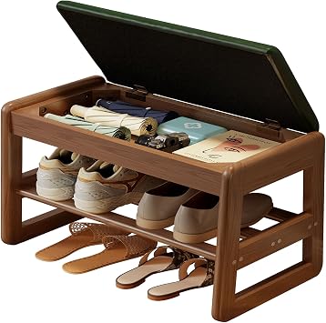 AQIMUELE Small Shoe Bench with Flip-Top, Shoe Storage Bench,2 Tiers Shoe Rack Bench with Leather Cushion,Small Bench for Entryway, Hallway and Bedroom Green Top and Walnut Frame-23.62"