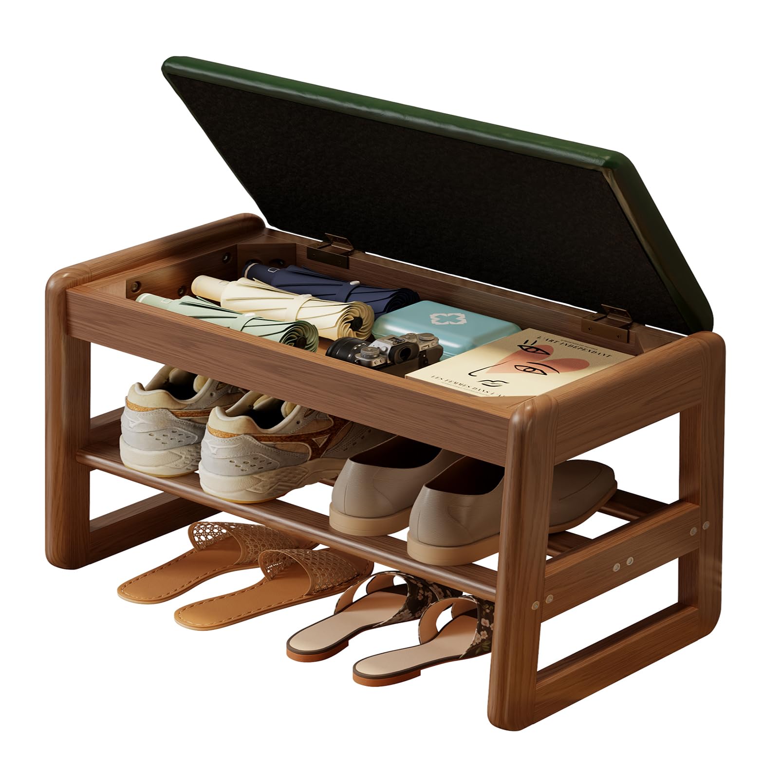 AQIMUELE Small Shoe Bench with Flip-Top, Shoe Storage Bench,2 Tiers Shoe Rack Bench with Leather Cushion,Small Bench for Entryway, Hallway and Bedroom（Green Top and Walnut Frame-23.62"）