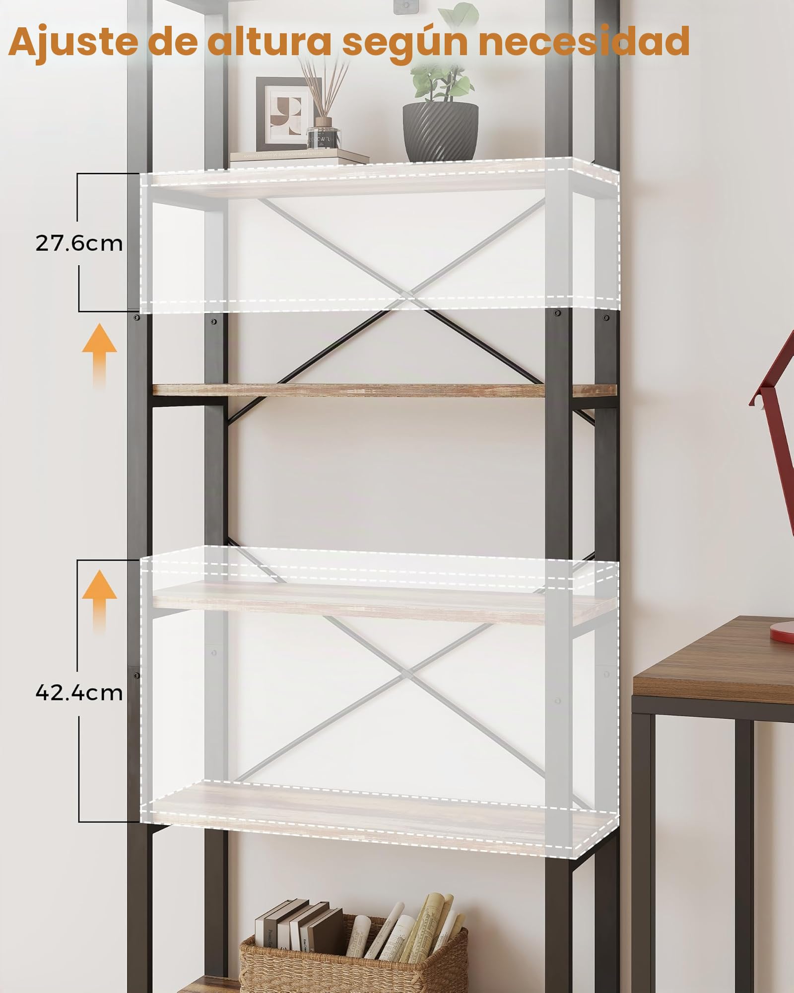 IRONCK 2M Estantería de pie con 6 Niveles, estantería de Madera con Marco de Metal, estantería de Oficina Industrial, estantes Abiertos, para Oficina, salón, Dormitorio, Cocina (marrón Camello Negro)