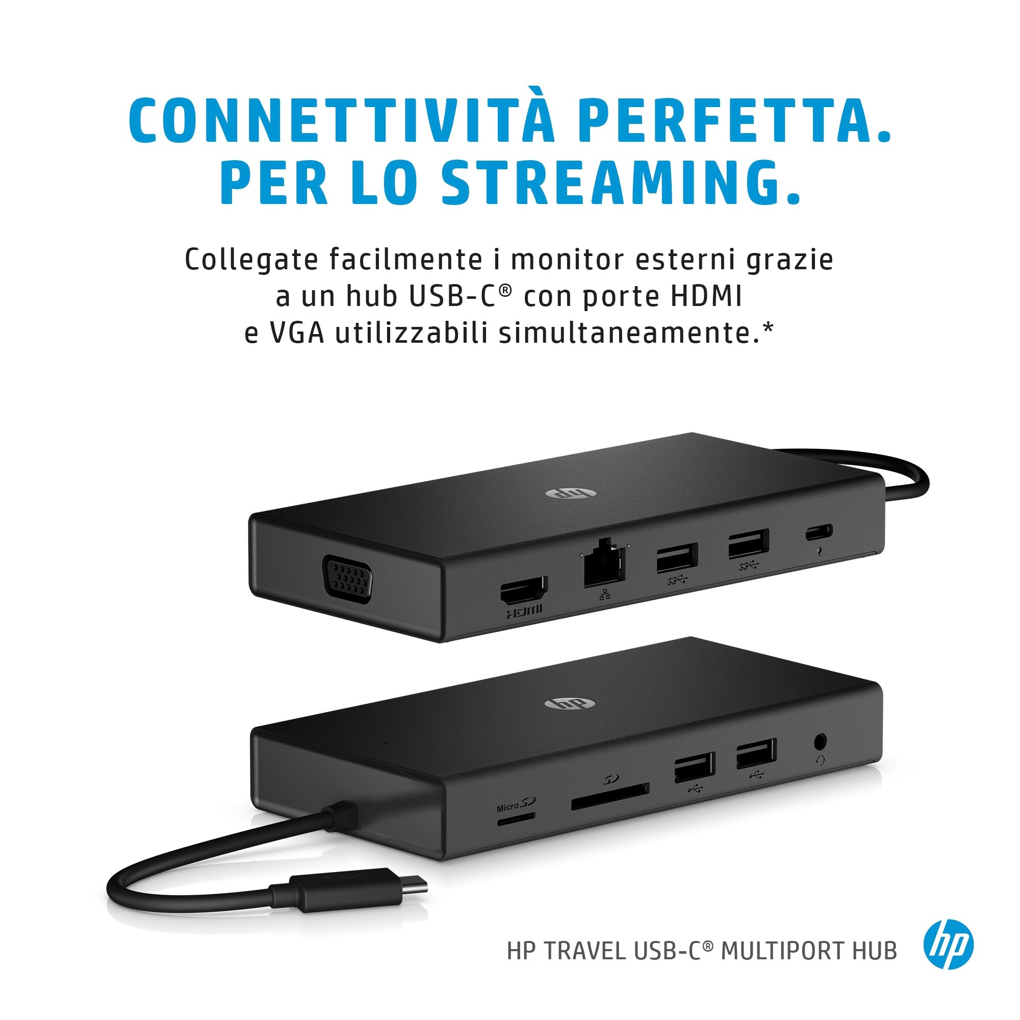 HP Hub Multi porta USB-C da Viaggio, Compatibile con PC dotati di Porta USB-C, Power Delivery e DisplayPort, Nero