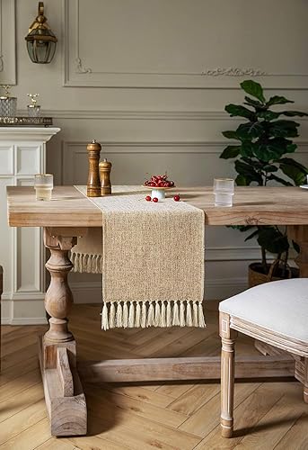 Miniatura 3 de ZeeMart Camino de mesa beige de 108 pulgadas de largo, camino de mesa rústico de arpillera estilo lino, camino de mesa largo bohemio, 13 x 108