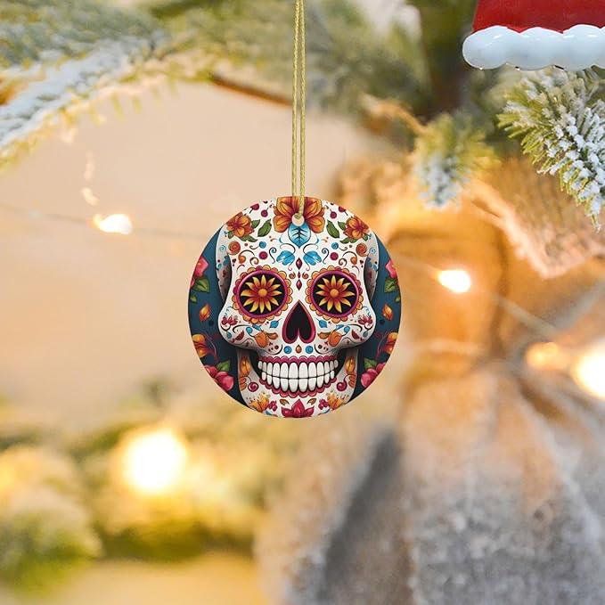 Christmas Tree Ornaments Ceramics Christmas Round Decorations Colorful Sugar Skull Ceramics Ornaments Circle Pentagram Xmas Tree Hanging Pendant for Christmas Tree Party Holiday Home Decor