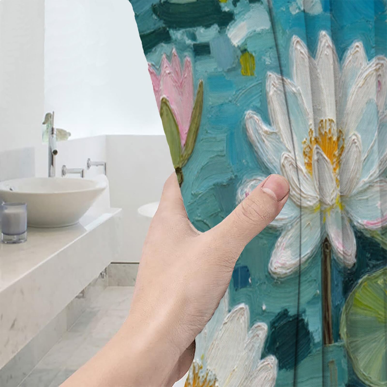 Rideau Douche,Rideau Baignoire Lavable en Machine Rideaux Douche Tissus Lavable Rideau De Baignoire Lavable pour Salle De Bain Domicile Baignoire Famille,Feuilles De Nénuphar,