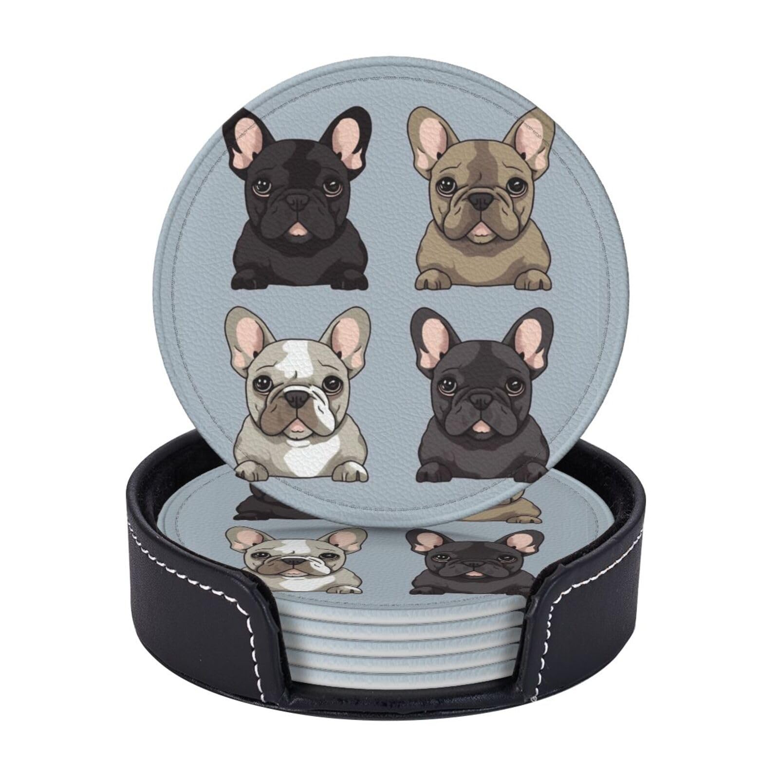 6PCS Drink Coasters with Holder, 4" Leather Coasters for Drinks, French Bulldog Cup Coasters for Coffee Table Decor, Non-Slip Drinking Cup Mat for Hot or Cold Drink