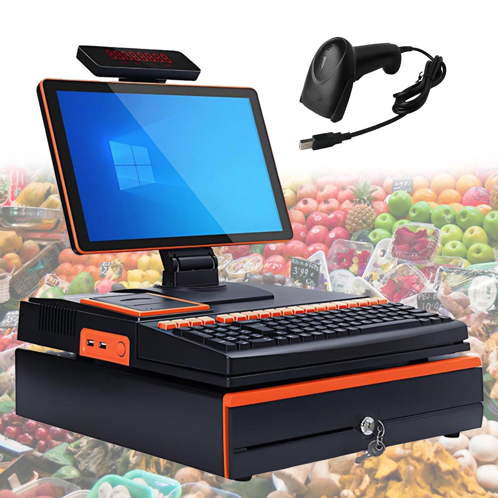 Pvxa All-in-One Touch Screen Single/Dual Monitor Cash Register, with 15.6" Touch Screen Monitor, Cash Drawer Barcode Scanner, for Small Businesses and Reta Black SingleScreen-Orange